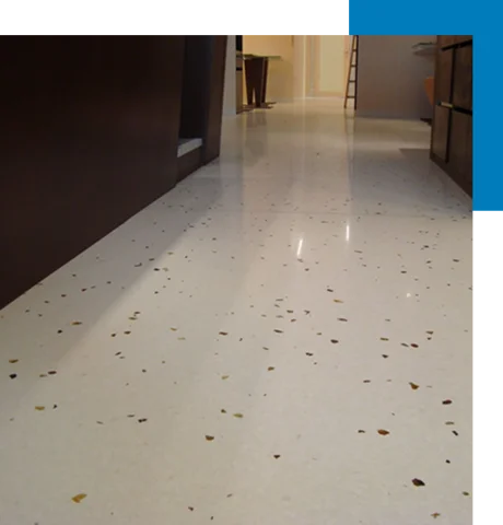 epoxy floor with brown and amber flakes in a hallway