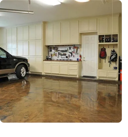 metallic copper gold marbled epoxy floor in a well organized garage