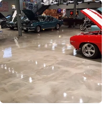 metallic epoxy floor with a swirled light beige