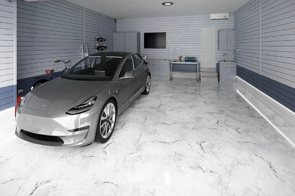 White metallic epoxy flooring in a garage