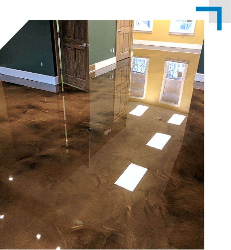 gold-tone epoxy resin floor in a residential hallway